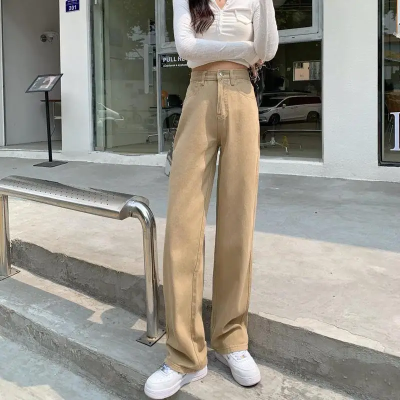 High Waist Jeans for Women Vintage Khaki Denim Trousers Casual Straight Wide Lei Pants Korean Fashion Y2k Bottoms Female Clothes
