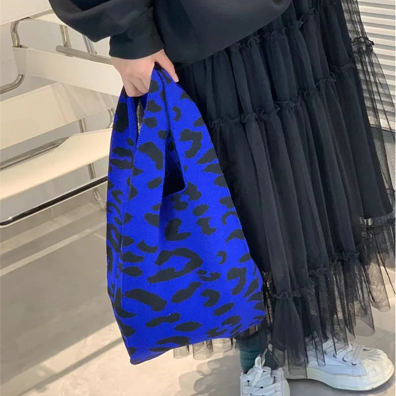 

Female Wrist Bags Leopard Woolen Knitted Shoulder Chic Handmade Woven Totes Shopping Handbag Female Shopping Bag With Strap