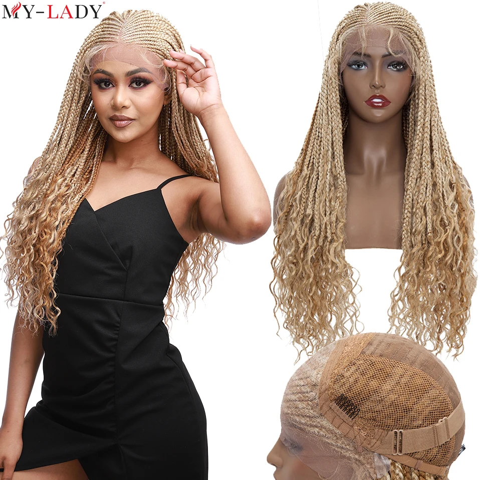 My-Lady Synthetic Cornrow Braids Lace Wigs With Baby Hair Long Faux Locs Braided Lace Front Wig Curly Ends Brazilian Braids Wig