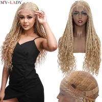 My-Lady Synthetic Cornrow Braids Lace Wigs With Baby Hair Long Faux Locs Braided Lace Front Wig Curly Ends Brazilian Braids Wig