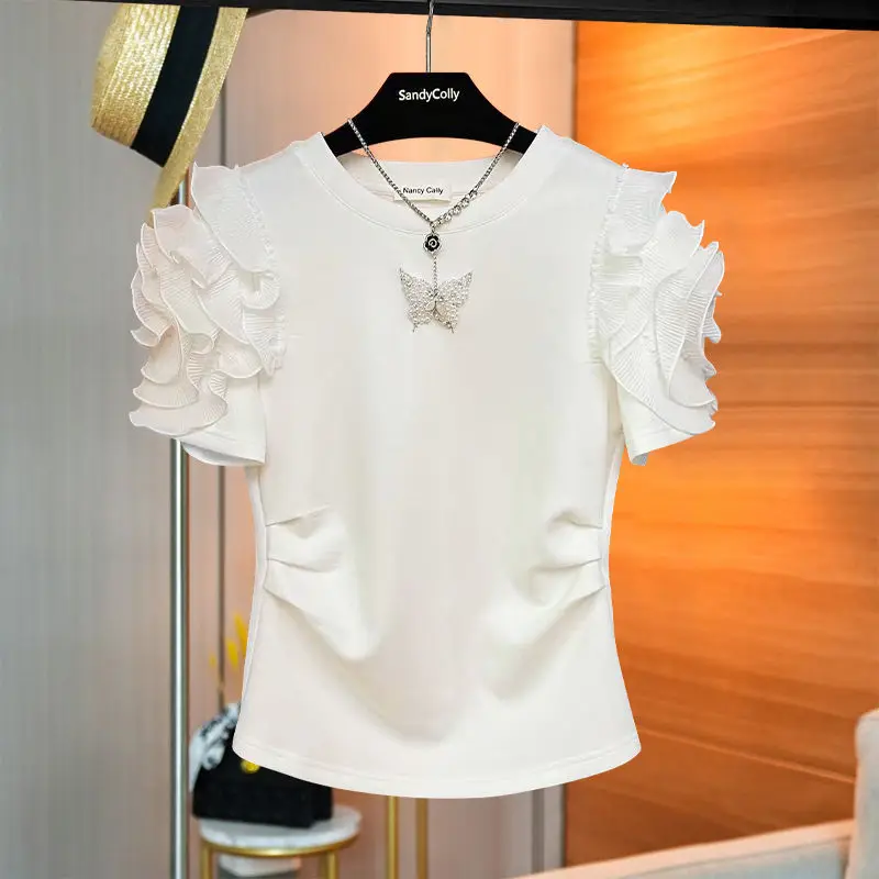 

Женская хлопковая футболка с коротким рукавом, Летние Плиссированные Топы с трехмерными цветами и бусинами-бабочками, готический Топ Y2k