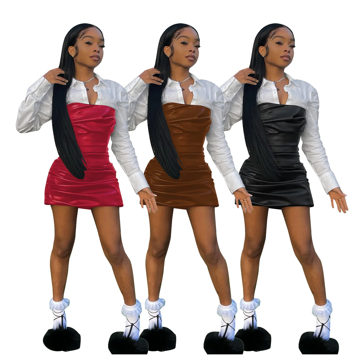 

Женское кожаное платье-рубашка с отложным воротником, длинным рукавом и пуговицами