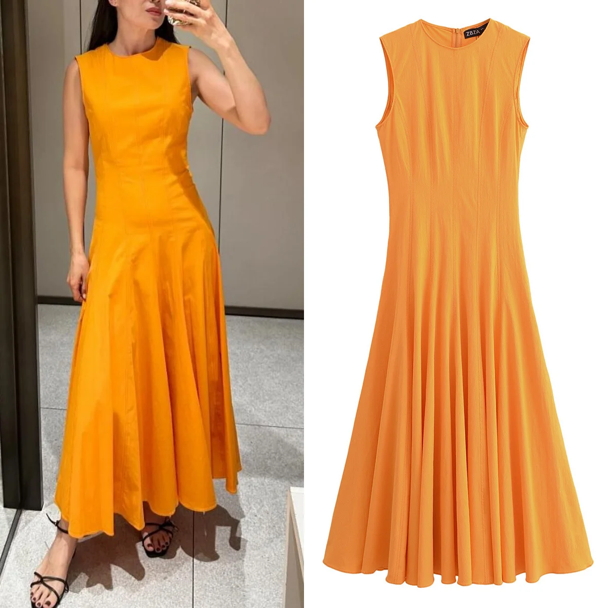 Женское длинное платье без рукавов с широким подолом и круглым вырезом