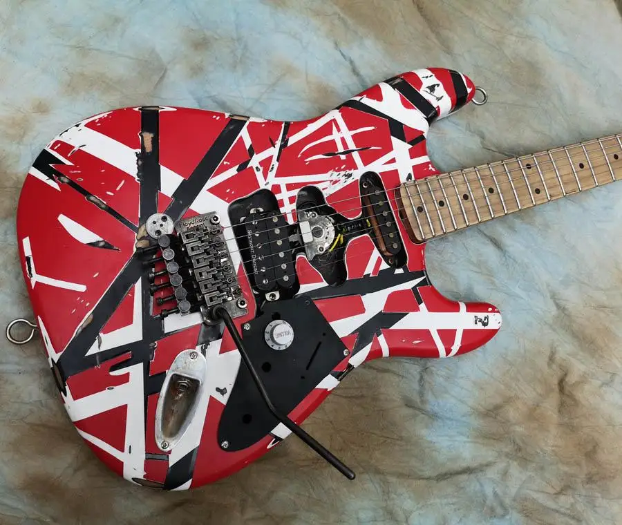 

Heavy Relic Van Halen Black White Stripe Red Franken ST Electric Guitar Floyd Rose Tremolo Bridge, Alder Body, Maple Neck