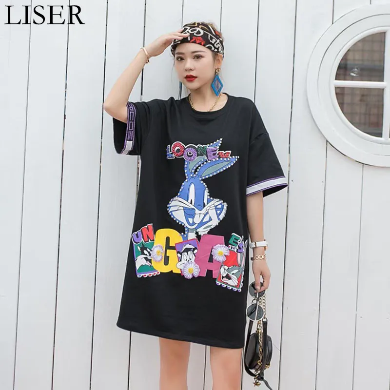 

Fashion Cartoon Collage Beaded Round Neck Short-Sleeved Black T-Shirt Women'S 2022 Summer New Loose Casual Dress Oversize LL1007