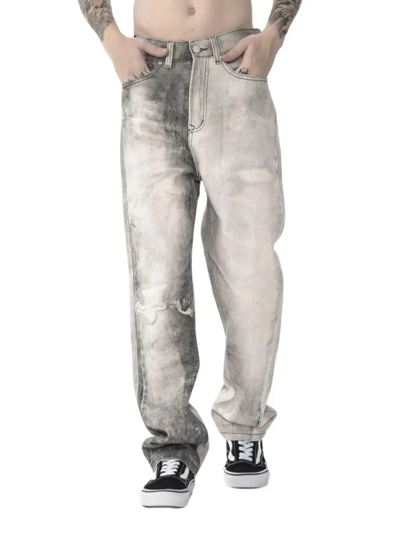 Men's 2022 autumn and winter new fashion brand digital printing retro jeans washed street mid-waist straight trousers