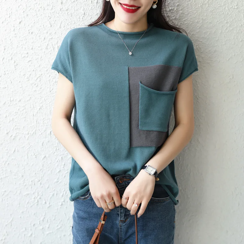 

Summer Women's Half-High Collar Pullover Curled Cotton Short-Sleeved T-shirts New Design Sense Female Belt Pocket Tops Retro Tee