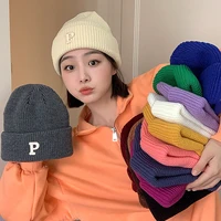 16 colors available large letter p cotton knitted hats for women autumn winter warm windproof knitted hat warm beanie cold hats