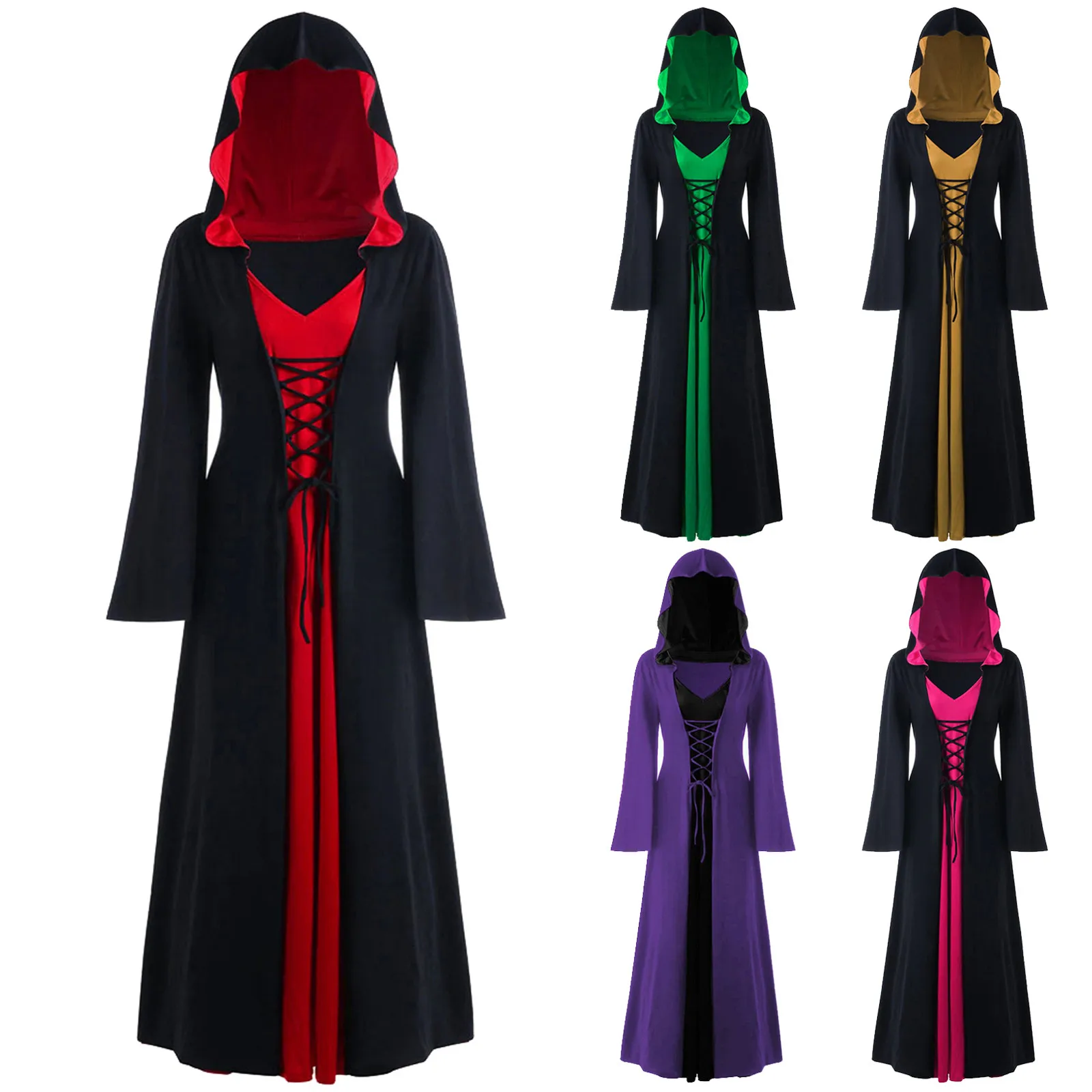 

Women's Christmas Dress Lace Up Hooded Long Sleeve Patchwork Long Dress