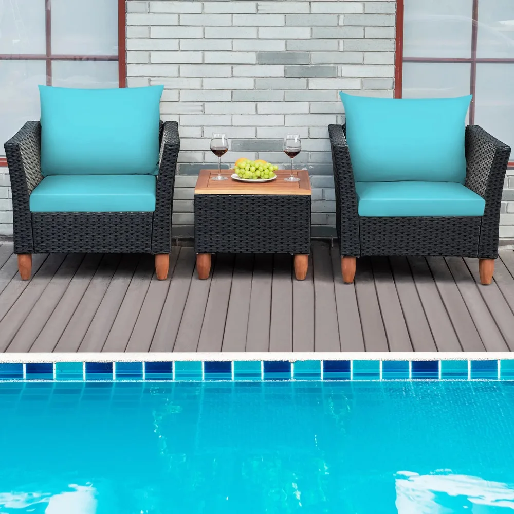 

Gymax Fashion 3PCS Patio Rattan Conversation Furniture Set Yard Outdoor w/ Turquoise Cushions