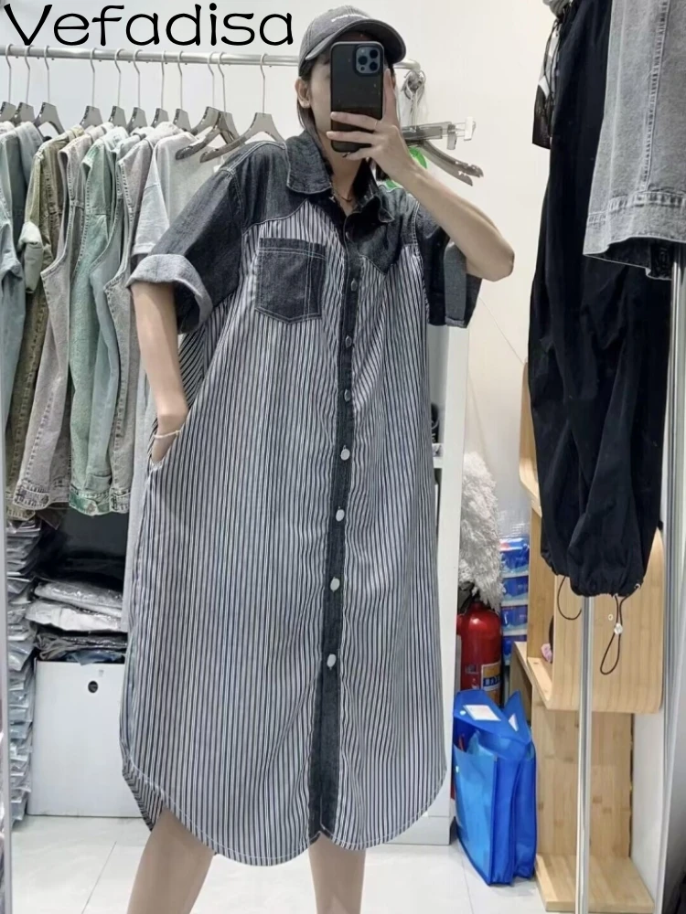 

Модное платье-рубашка Vefadisa ZY1202 в полоску, с коротким рукавом и отворотом, женское летнее свободное повседневное модное платье для девушек, 2023