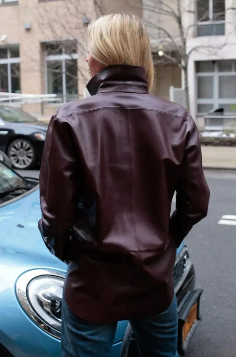 Women Genuine Lambskin Leather Jacket Outfit Burgundy Leather Shirt Motorcycle and Bicycle Leather Coat