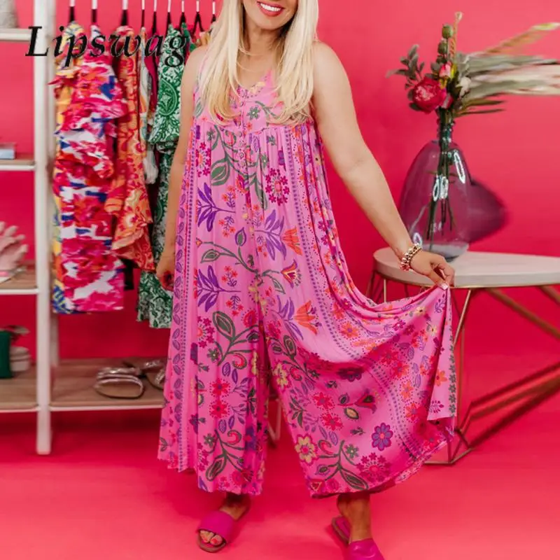 

Fashion Pattern Print Party Overalls Women Elegant Sleeveless Long Jumpsuits Office Lady Vintage Pocket Wide Leg Backless Romper