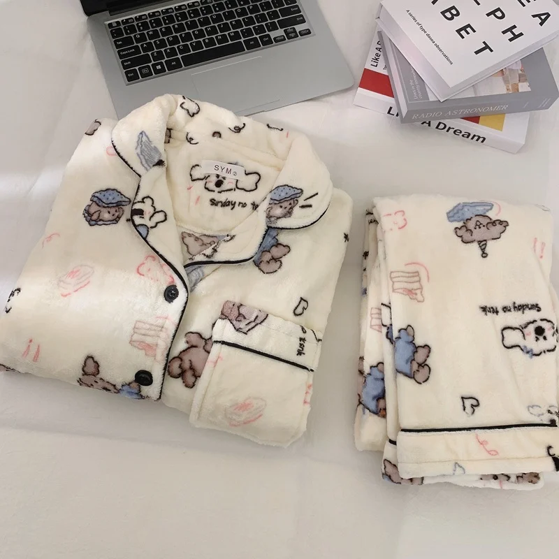 Coral Fleece Pajamas Women Autumn and Winter Fleece-lined Thickened Warm Flannel Cute Cartoon Plus size 00.00kg Homewear