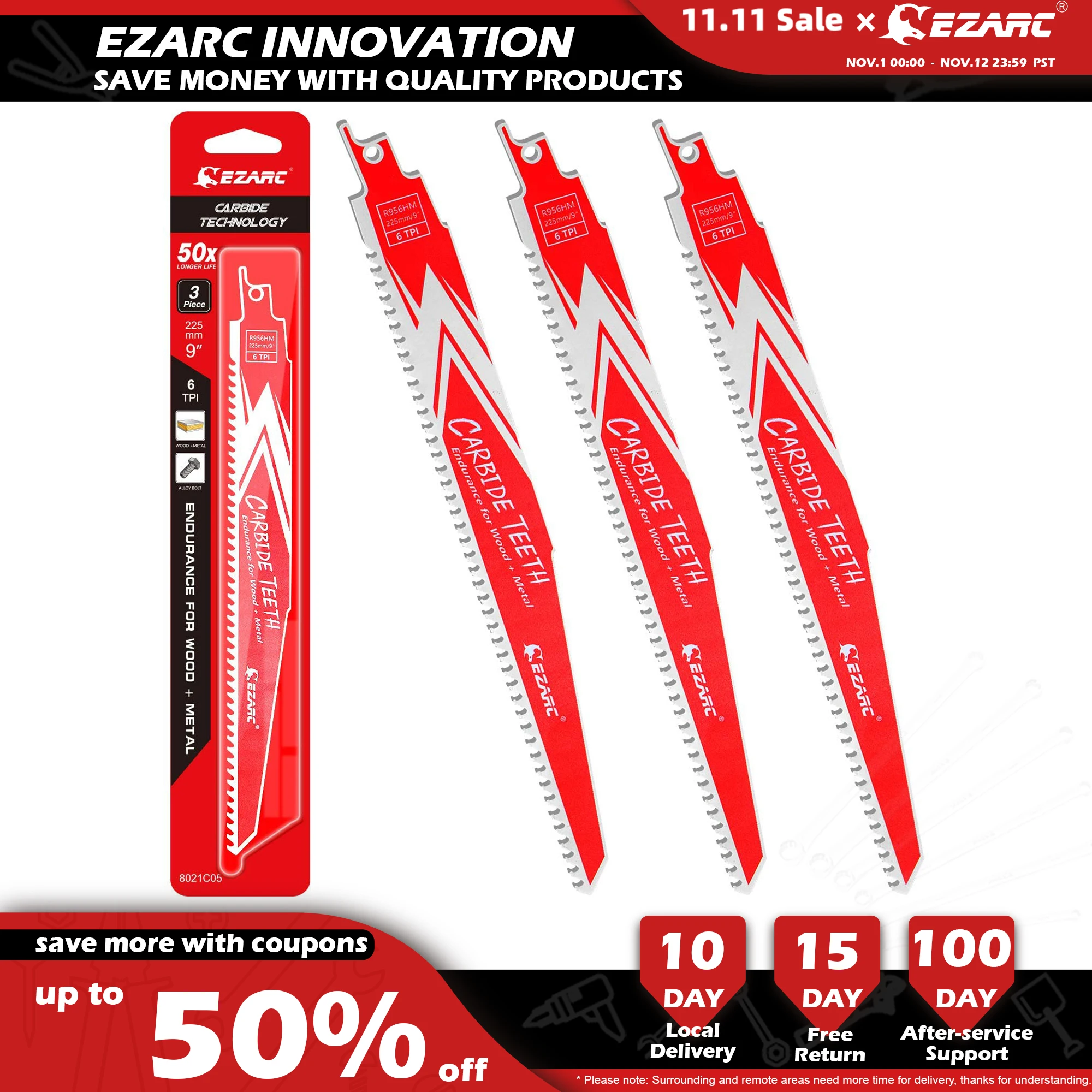 EZARC 3 шт. твердосплавная сабельная пила выносливость для твердого дерева и металла демонтаж R656HM & R956HM 150 мм (6 '') 225 мм (9'') 6TPI - избранное