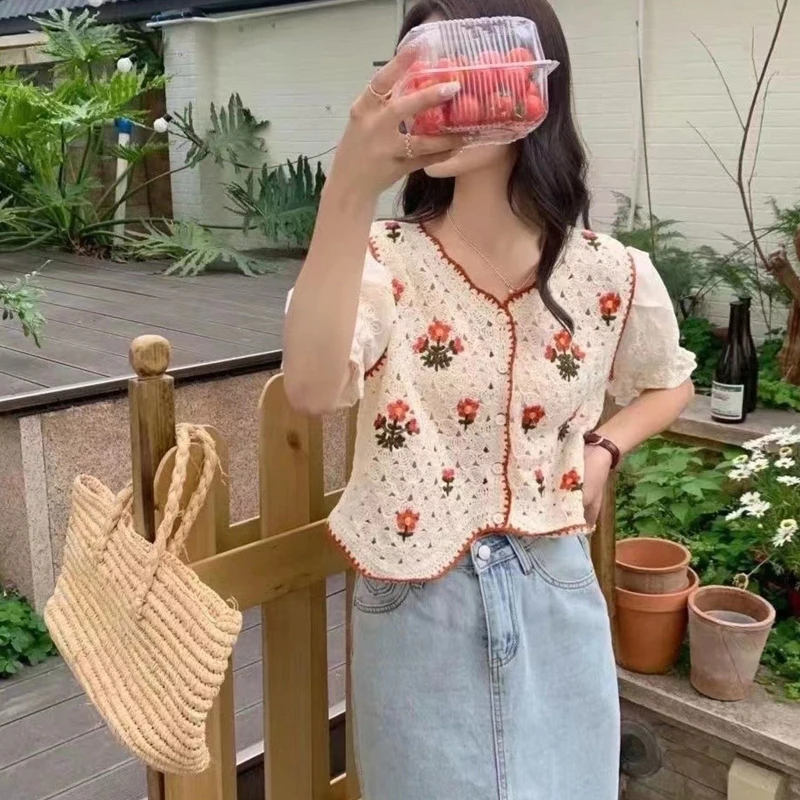 

Women Short Sleeve Crop Cardigan Top Colorblock Floral Embroidery Crochet Blouse