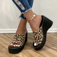 2022 women leopard print wedges slippers square toe thick bottom plus size casual ladies summer flip flops fashion