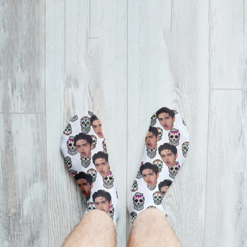 Custom Skull Socks with Faces Funny Printed Photo Pet Socks Personalized Picture Punk Crew Socks Unisex Gift for Men Women