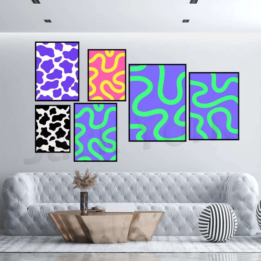 

Colorful Abstract Art Print Wall Printable Minimalist Yellow Pink Squiggly Lines Modern Poster Home Decor
