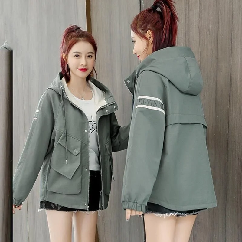 

Spring Autumn Women's Windbreakers Jackets Korean Short Hooded Coat Tops Casual Loose Pocket Long Sleeves Female Outerwear