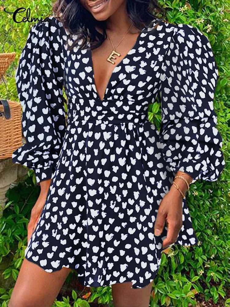

Women Sexy V-Neck Dress Celmia Casual Printed Mini Dresses 2022 Bohemian Long Puff Sleeve Vestidos Autumn High Waist Party Robe