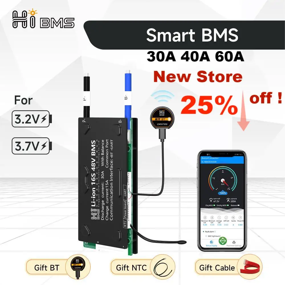 Hi Smart BMS Bluetooth Lifepo4 16S 48V BMS 4S 8S 12V li-ion 3S 13S 14S 30A 40A 60A баланс малый ток EV