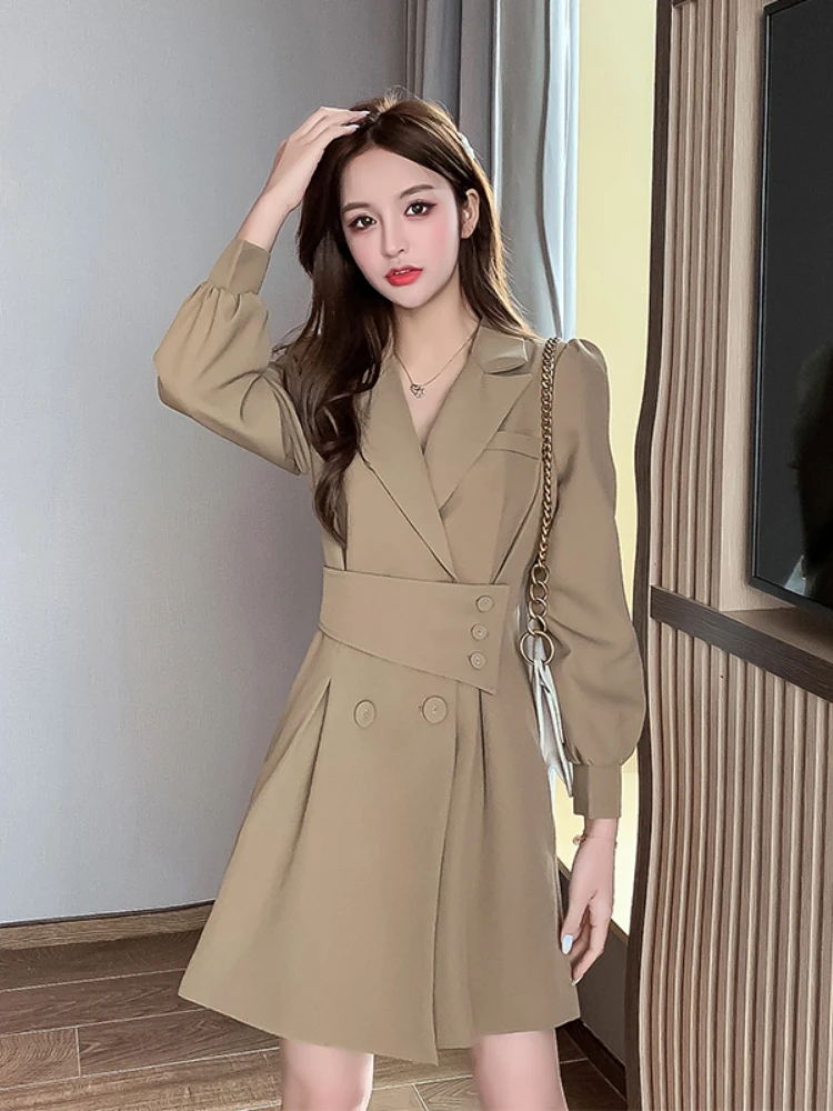 

Workplace Temperament Solid Color Dress 2022 Autumn New Double-breasted Waist Design Suit Stand-up Collar Trench Coat Coat Dress