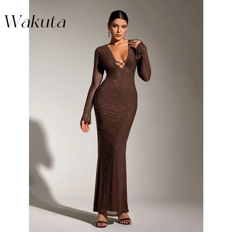 Wakuta Элегантное женское сексуальное облегающее платье макси с v-образным вырезом
