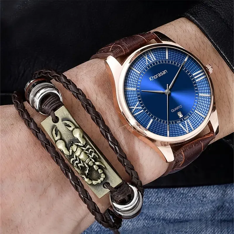

Высококачественные мужские кварцевые часы с кожаным ремешком, Набор браслетов, повседневные спортивные аналоговые наручные часы с календа...