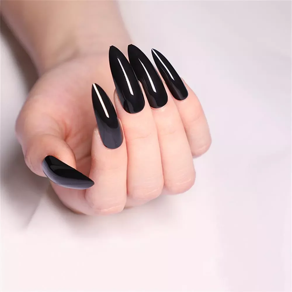 

Black Extra Long False Nails Stiletto Tips Sharp End Stilettos Fake Nail UV Gel Manicure Easy Apply Artificial Nails Salon