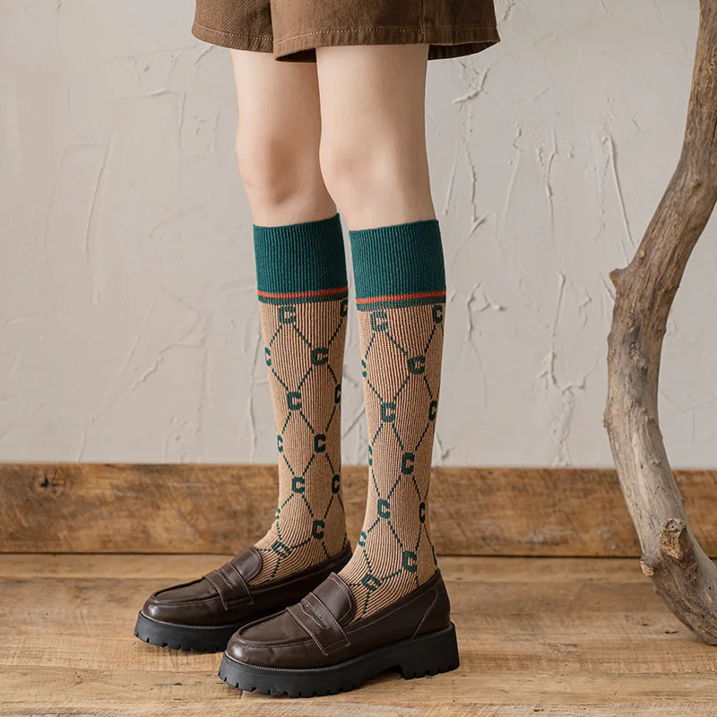 Girl Knee-high Stockings College Rhombus Plaid Knee Socks Women Spring Summer Female Sock Fashion Ladies Long Socks