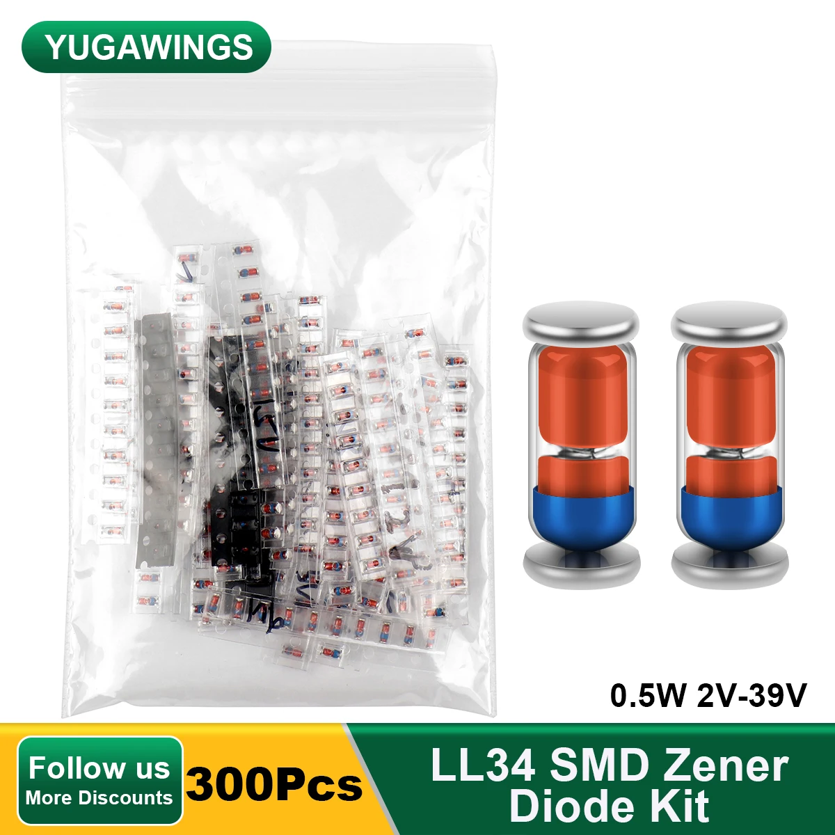 

300Pcs/Lot Yugawing LL34 SMD Zener Diode Kit 1/2W 0.5W 2V-39V 30Values x 10Pcs 1206 Assorstment Kit