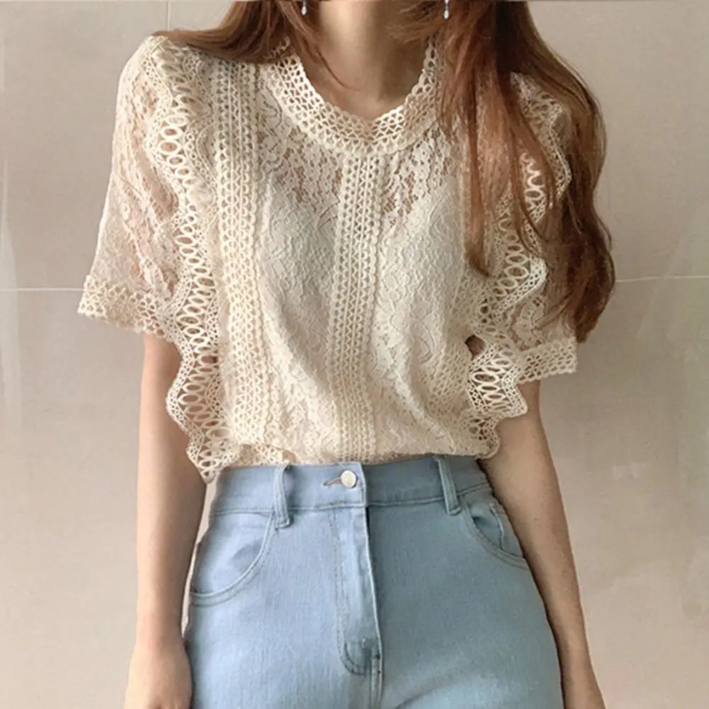 

Elegant Women Blouse Hollow Out Crochet Lace O-neck Short Sleeve Loose Summer Pullover Top Casual Shirt Office Lady Workwear