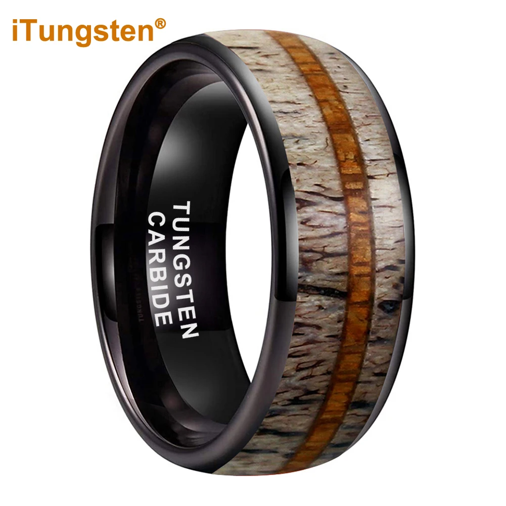 

iTungsten 8mm Black Tungsten Carbide Ring for Men Women Fashion Engagement Wedding Band Deer Antler Koa Wood Inlay Comfort Fit