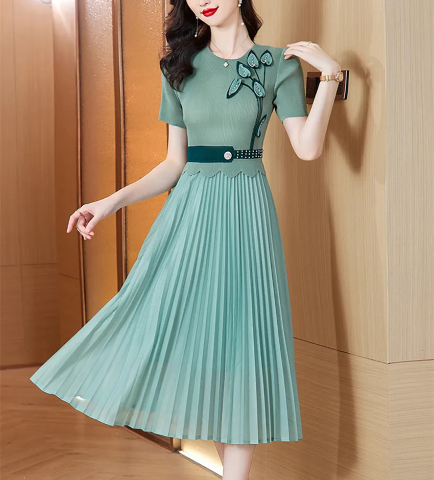 Платье миди женское Плиссированное с круглым вырезом коротким рукавом и