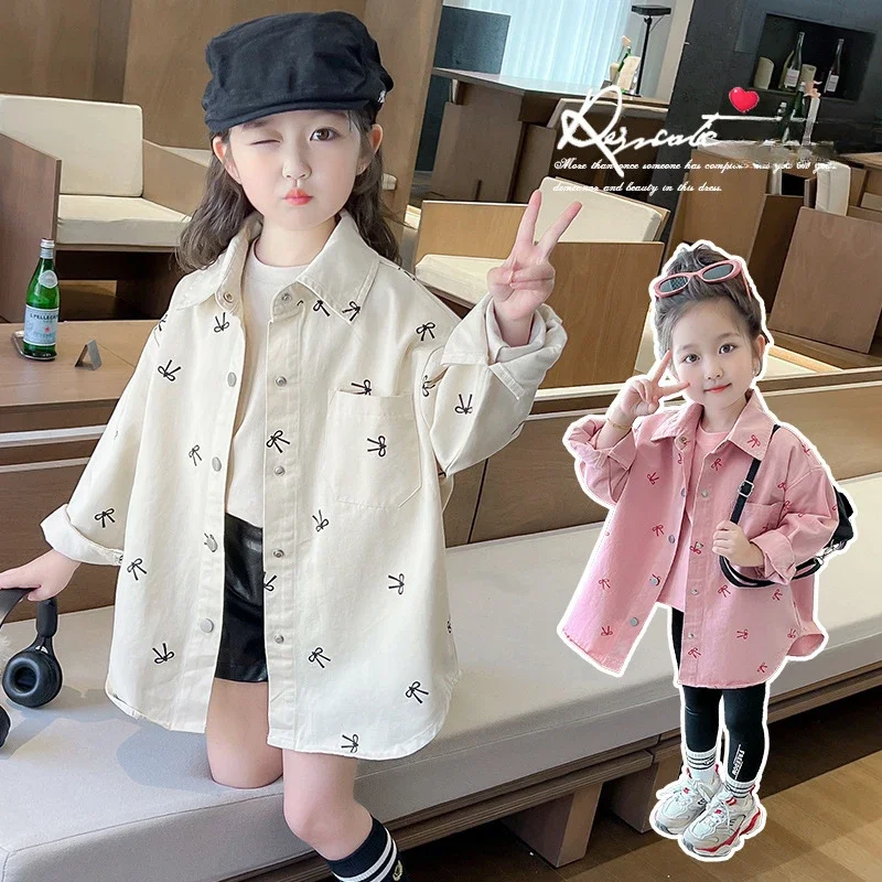 Рубашка с бантом для девочек куртка на осень новинка 2024 рубашка длинным рукавом и