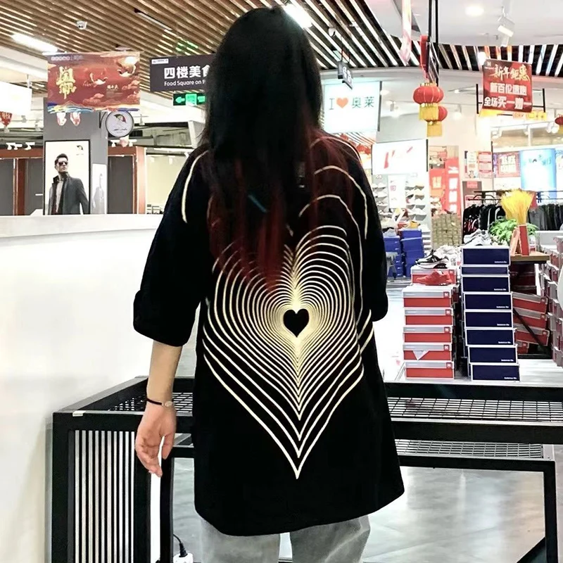

2022 Summer Love Print Short Sleeve Women T Shirt Korean Fashion Causal All-match Oversized Top Hip Hop Streetwear Clothes Black