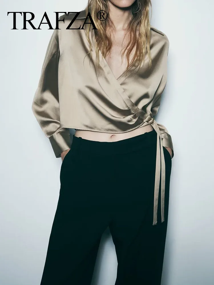 

TRAFZA 2023 Women's Asymmetrical Tops Solid Color Turn-Down Collar Long Sleeves Lace-Up Blouse Autumn Casual Shirt Woman Trendy