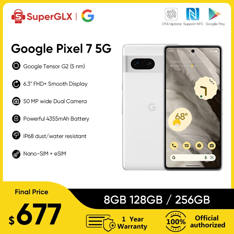Оригинальный новый смартфон Google Pixel 7 5G, 8 ГБ ОЗУ 2022 Гб/128 Гб ПЗУ, 256 дюйма, NFC, Восьмиядерный, Android 13, IP68, пылезащитный/водостойкий