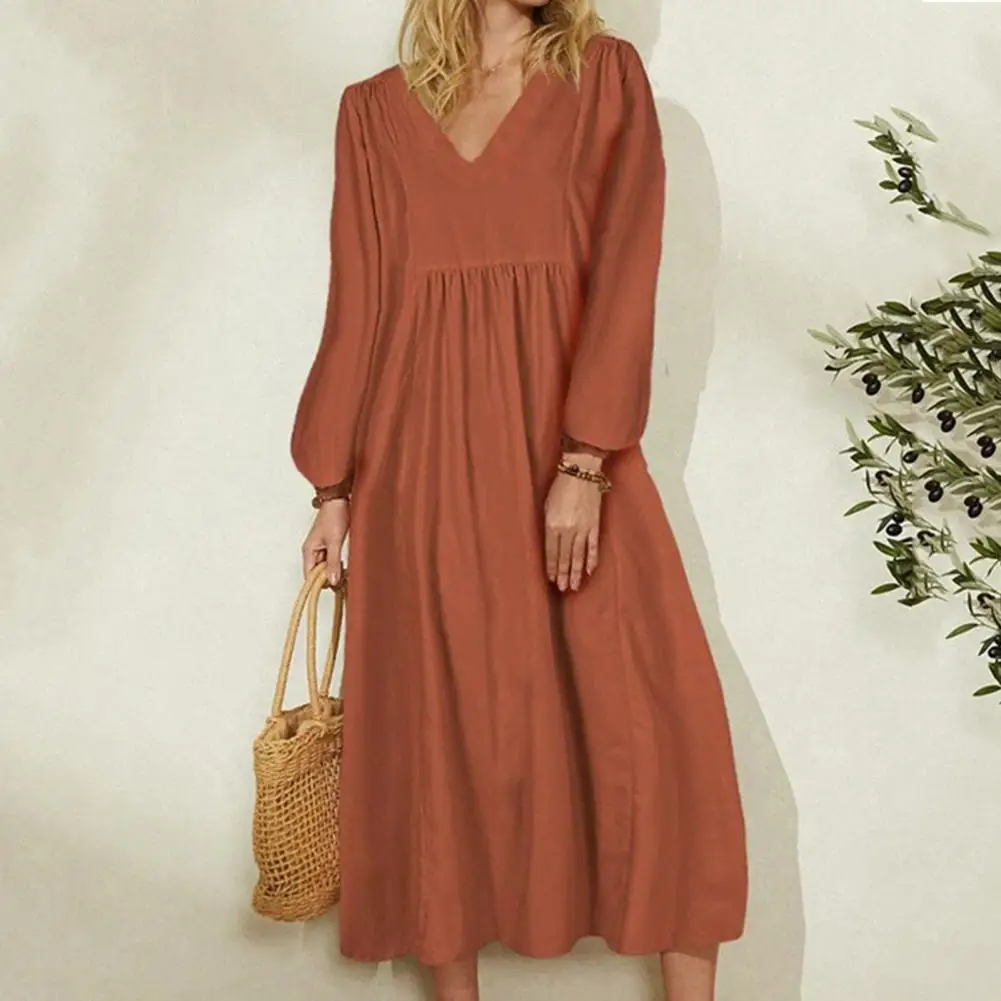 

Classic Women Dress Pure Colors Comfy Vacation Dress Casual Loose Beach Long Retro Dress