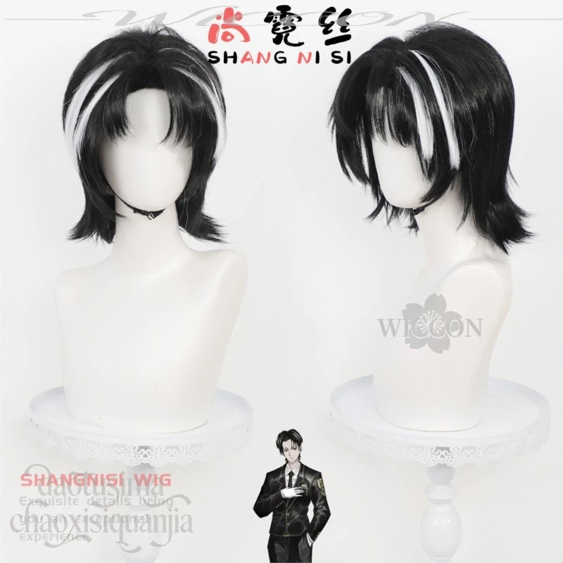 Фото Короткий черный парик Handsome Rien Cos Hair Limbus Company с белыми прядями, синтетический парик для костюма на Хэллоуин №3