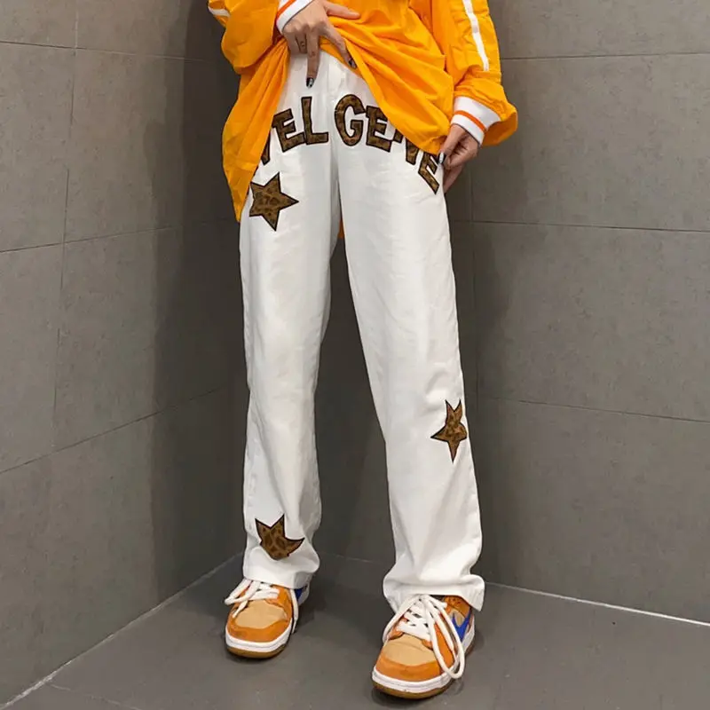 

Модные белые женские джинсы на санскрите с 5 острыми звездами Y2K, в стиле ретро, свободные прямые широкие штаны с высокой талией, новая уличная одежда с принтом