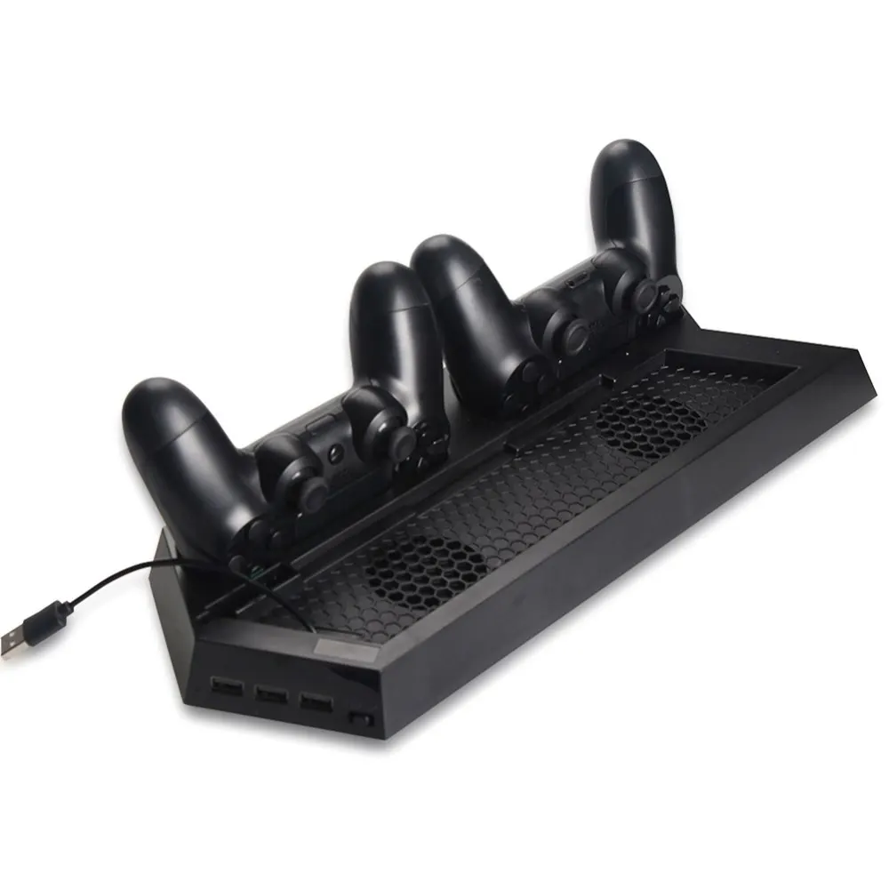 

4 In 1 Vertical Stand With Cooler Fan For PS4/Slim Console,Dual Charging Dock + External Cooling Fan + USB Hub Game Accessory