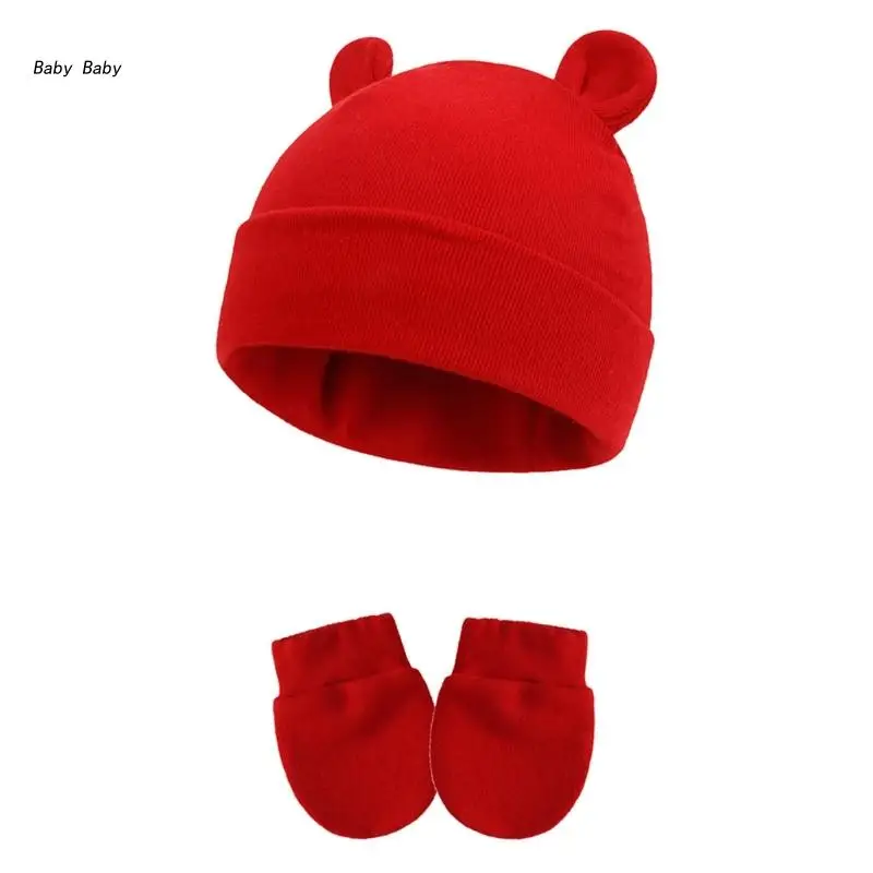 

Q81A Baby Fetal No Scratch Mittens Gift for 0-6 Months Boys and Girls Nursery Hat with Ear Beanie Newborn Hospital Hat