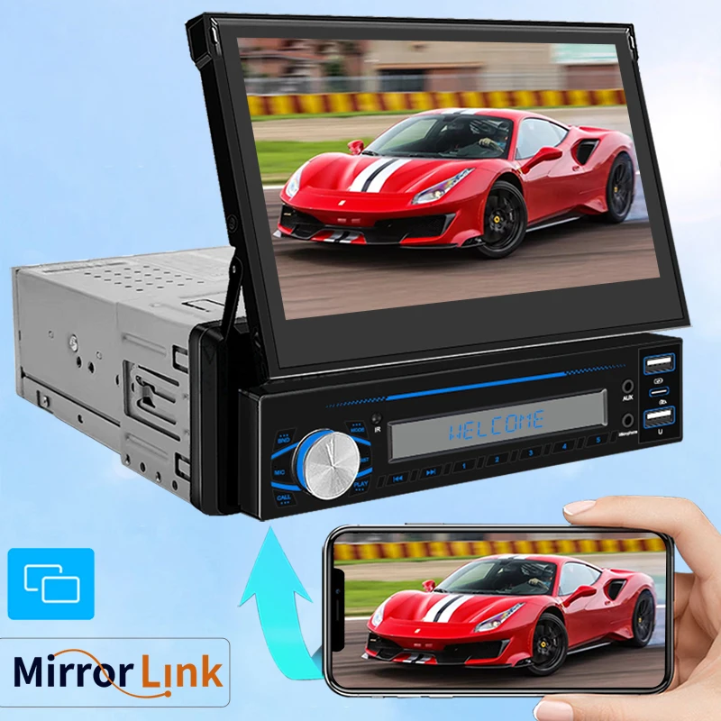 

Retractable 1024*600 1 DIN 7 Inch Autoradio Car Stereo Radio Android Auto Bluetooth/USB/TF/Aux-in HD Touch Screen Car Radio