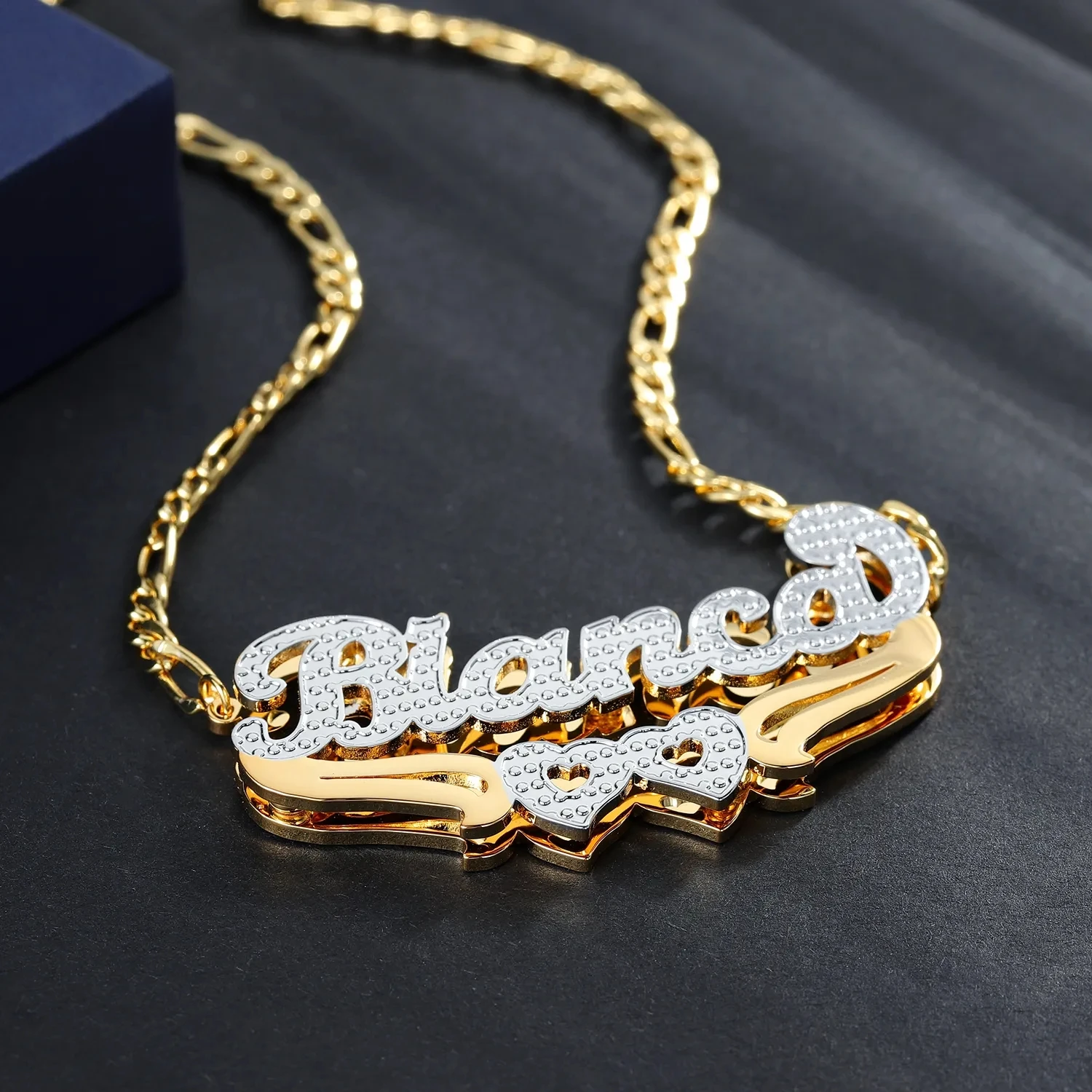 Customized Jewelry Sets Two Tone Double Heart 14K Gilded Nameplate Personalized Name Necklace Heart Shaped Bamboo Earrings Sets