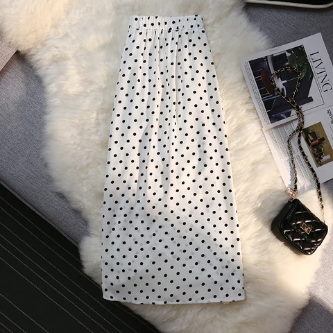 High Waist Skirts Women Side Slit Pleated Design Medium Long Wave Point Chiffon Skirt Female 2023 Summer Hip Wrap Skirt