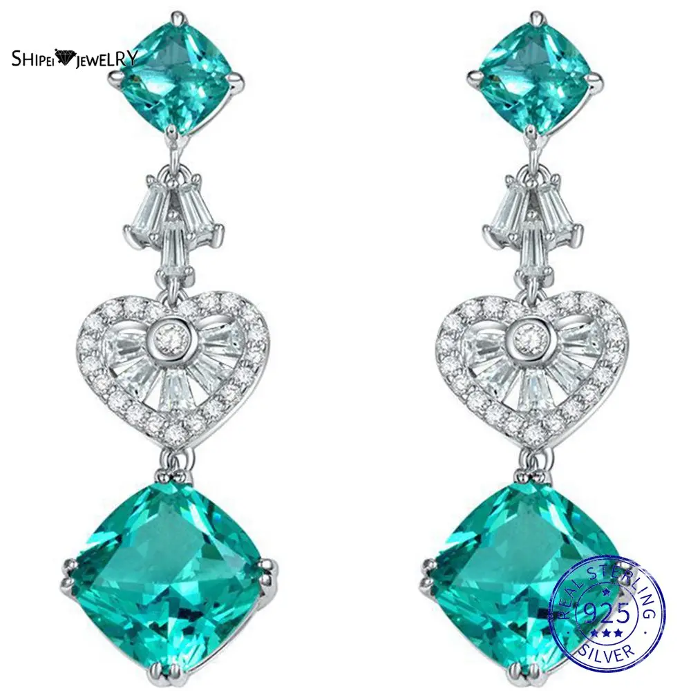 

Shipei 925 Sterling Silver Love Heart Green Paraiba Tourmaline Created Moissanite Gemstone Dangle Earrings Studs Fine Jewelry