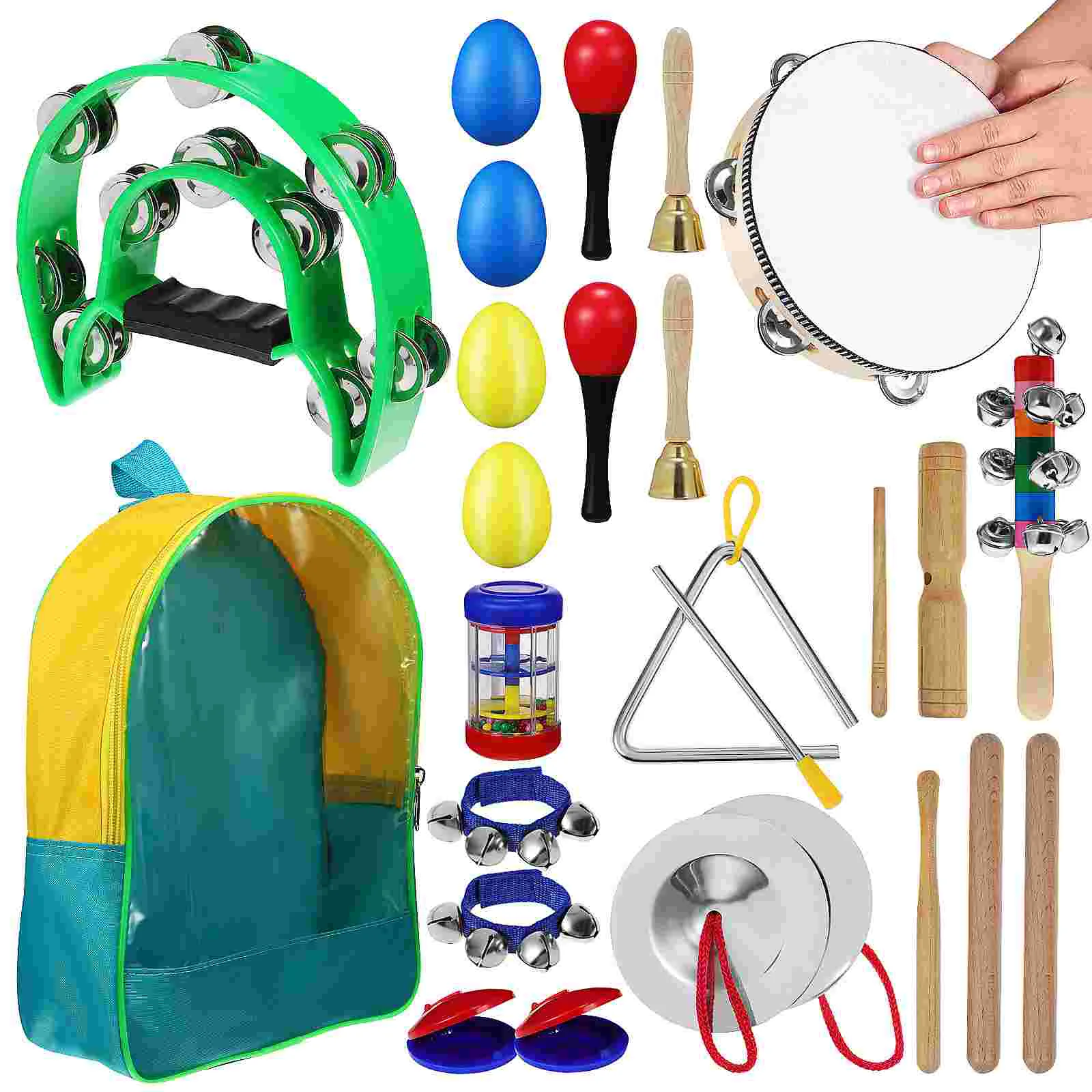 

14 Pcs Percussion Drum Tambourine Musical Instrument Adult Kids Backpacks Set Church Adults Wood Double Row Tambourines Child