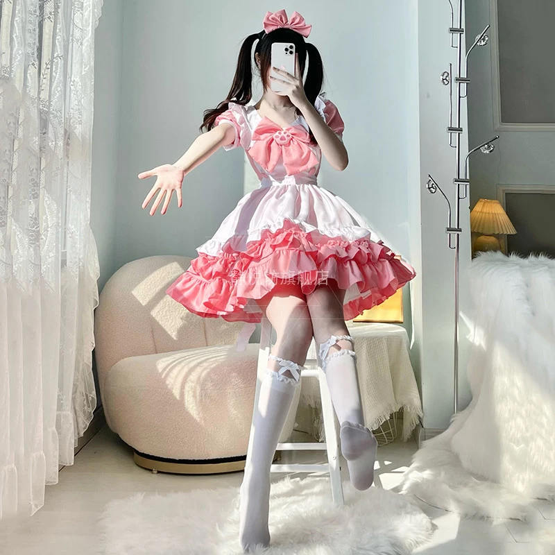 Соблазнительный костюм горничной для косплея с глубоким вырезом платье бантом в